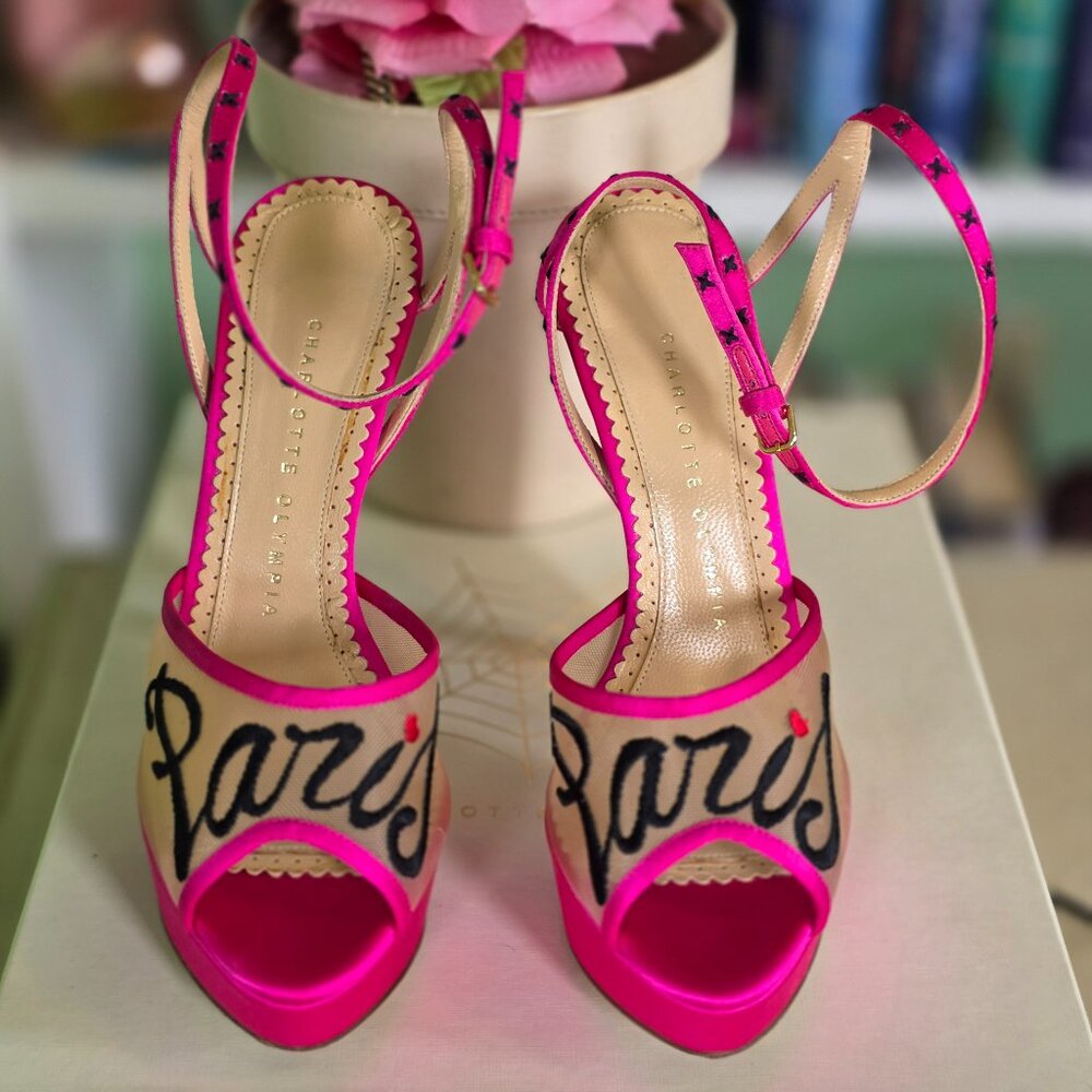 Charlotte Olympia "Paris" heels – Fuchsia satin, EU 37.5 (US 7.5)